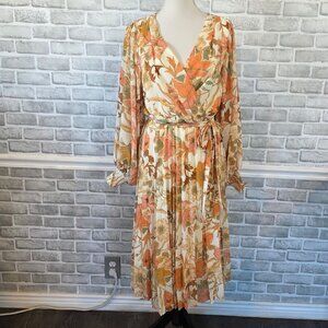 Bohme Floral Midi Dress Pleated Ruffled Faux Wrap Flowy Romantic Cottage M